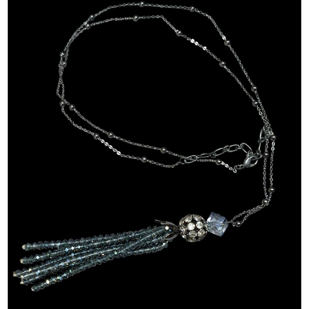 Sparkly Glam Crystal Glass Silver Tone Tassel Necklace